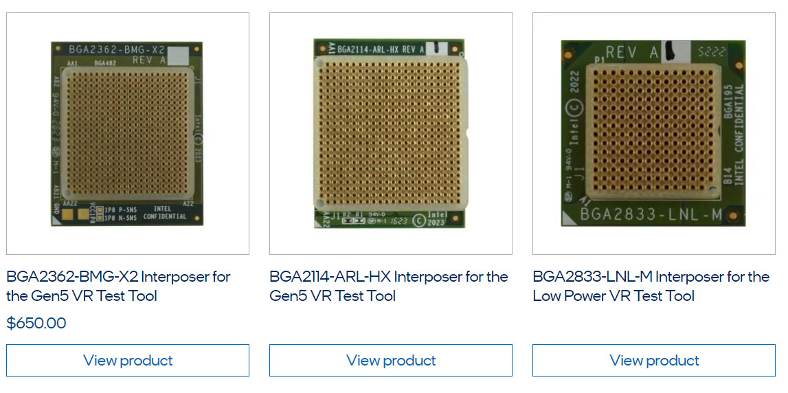 Testing interposers for Arrow Lake-HX, Lunar Lake-M, and Battlemage are listed by Intel.