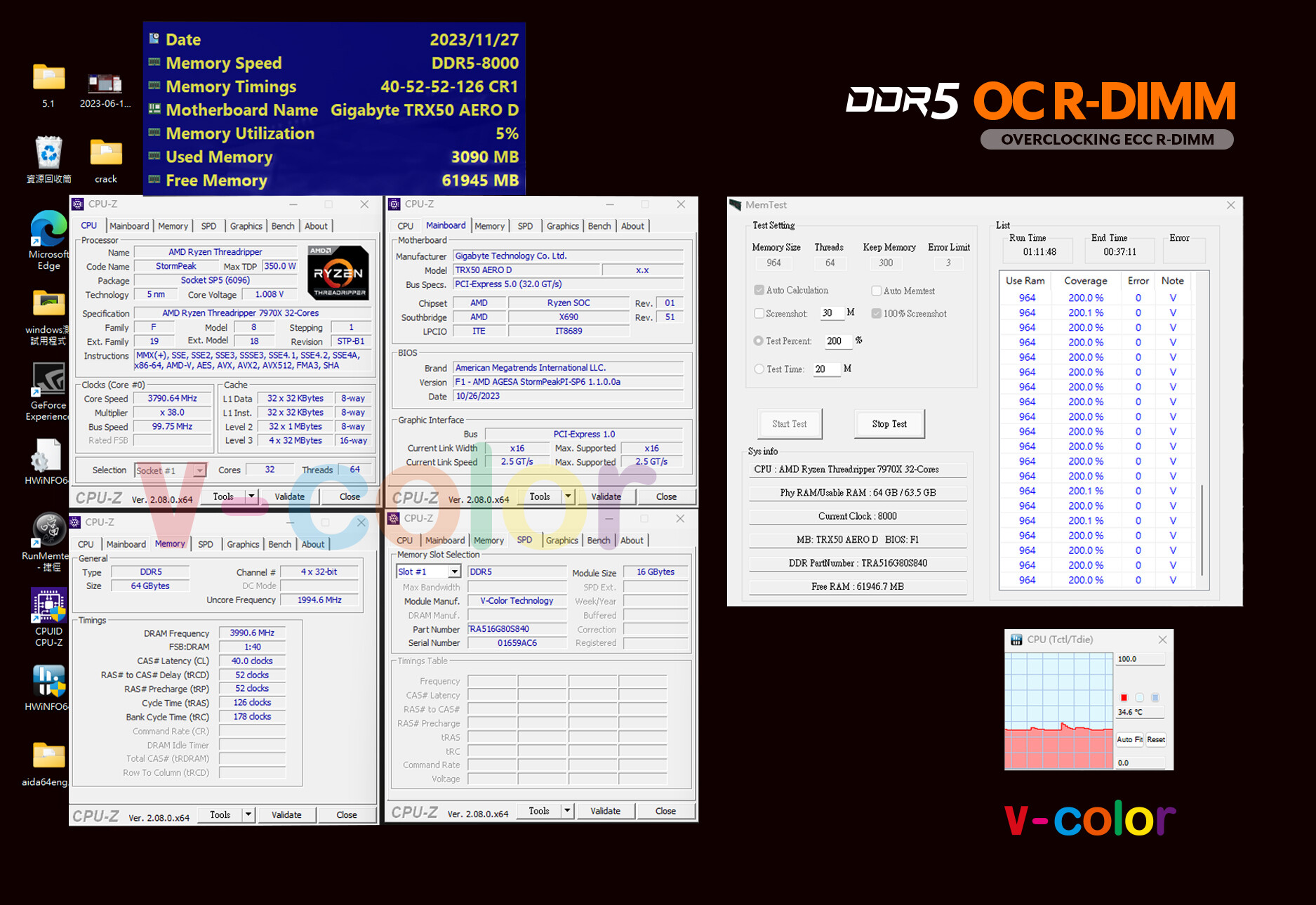 On the TRX50 AERO D, V-COLOR successfully overclocks DDR5-8000 RDIMM.