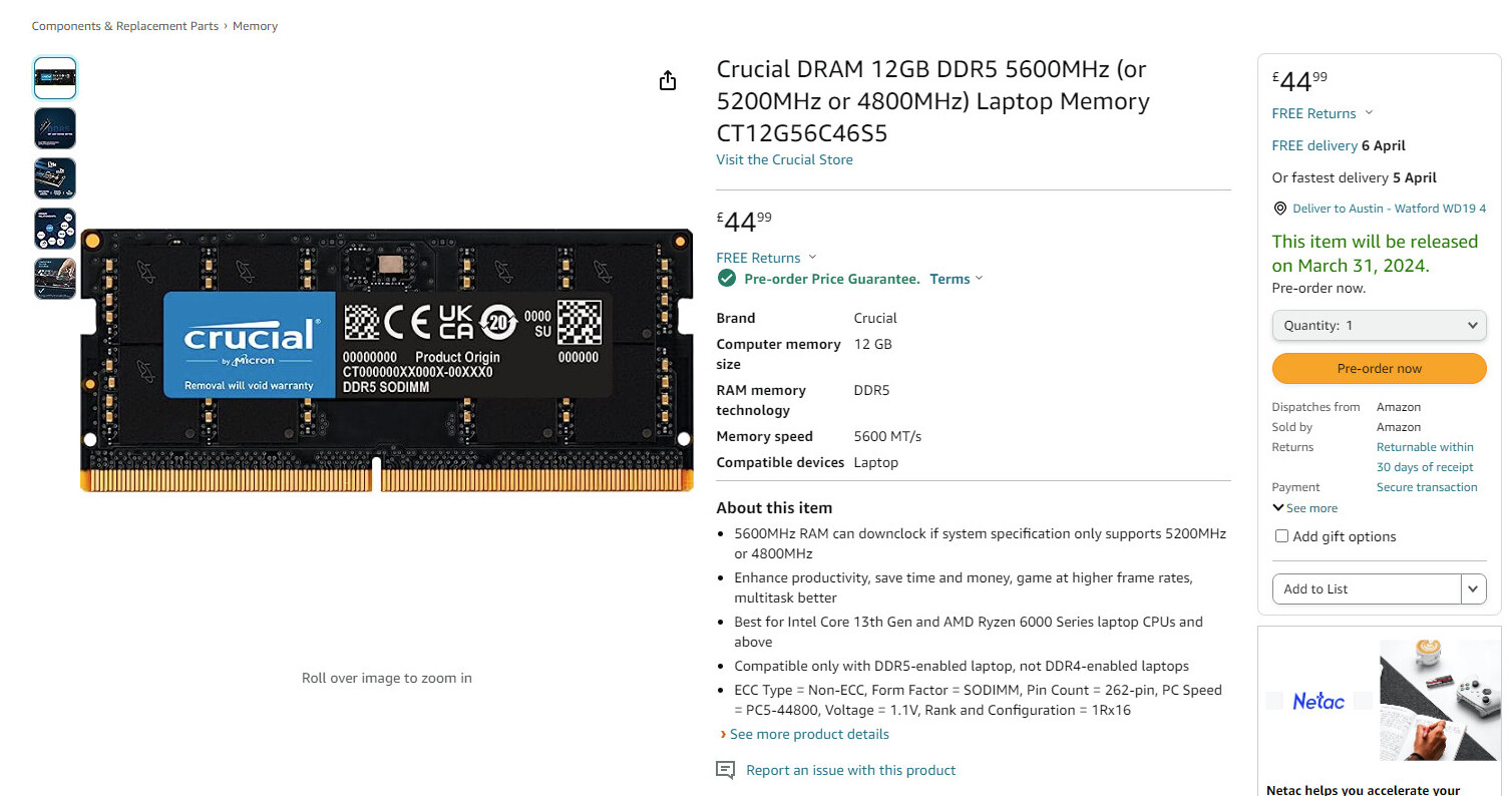 An important DDR5 SODIMM with a capacity of 12 GB has been spotted on Amazon UK.