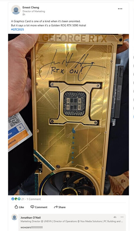 The ASUS ROG RTX 5090 ROG Astral Dhahab OC Edition, featuring a signature from Jensen Huang, will be auctioned for charity.